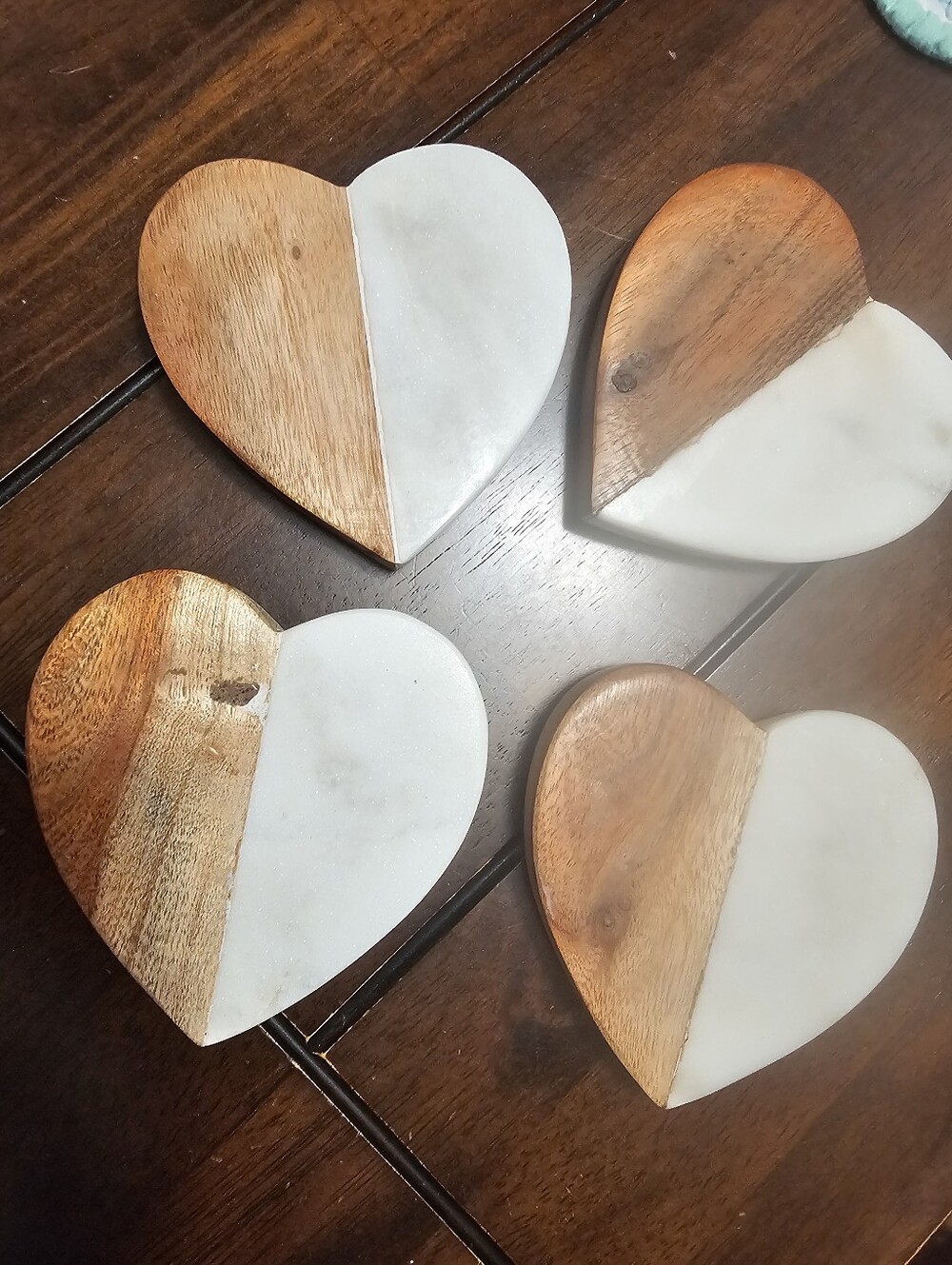 Heart Shaped Wood and White Marble Coasters - Set of 4